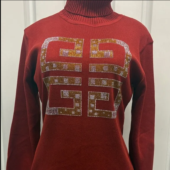 Red Turtleneck Sweater with Geometric Design