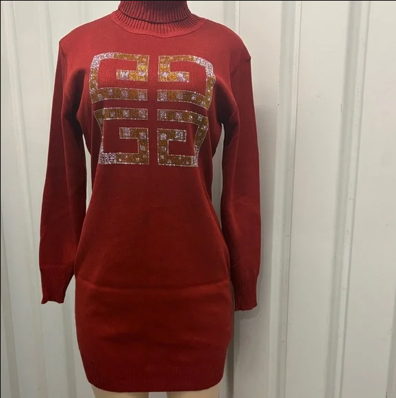 Red Turtleneck Sweater with Geometric Design