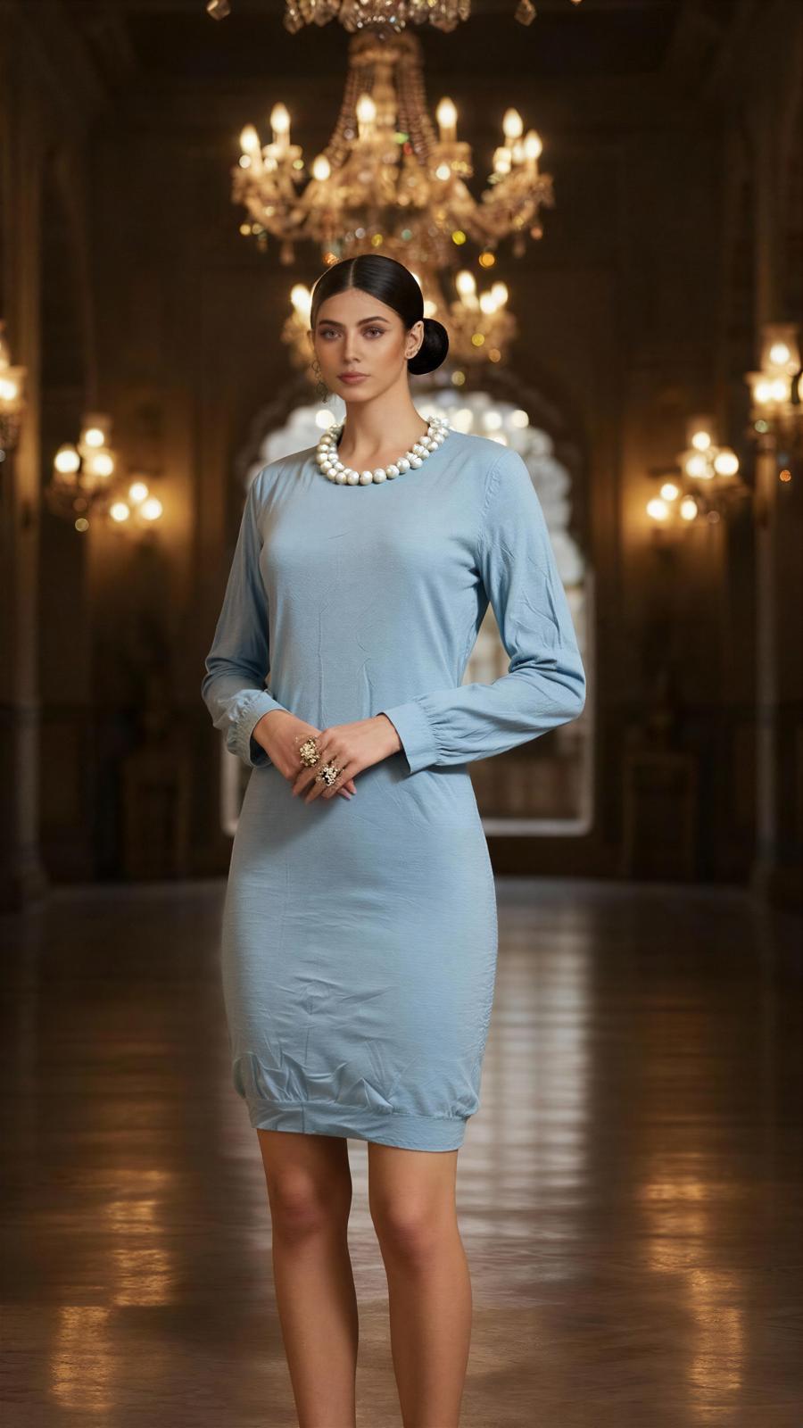 vestido azul manga larga para mujer