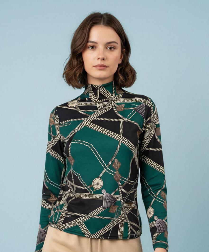 Chic Geometric Print Turtleneck Top