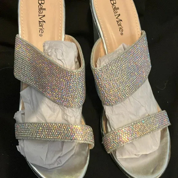 Bella Marie Santo Women's Rhinestone Wedge Sandal Silver and peach