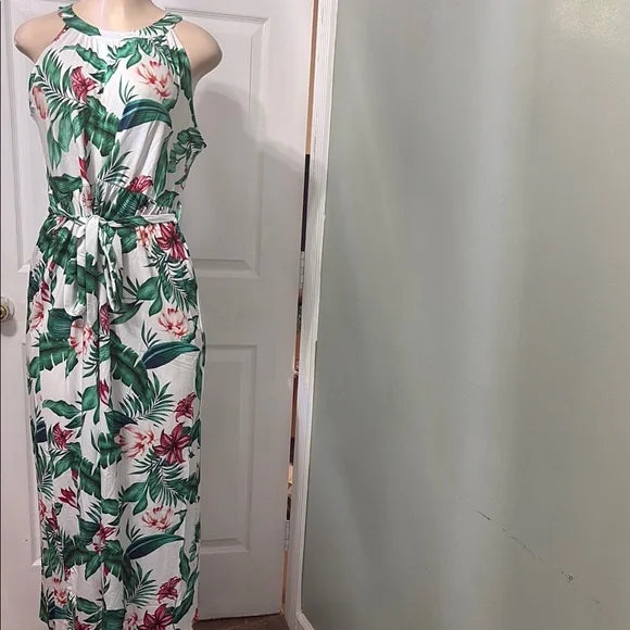 Tropical Print Sleeveless Maxi Dress
