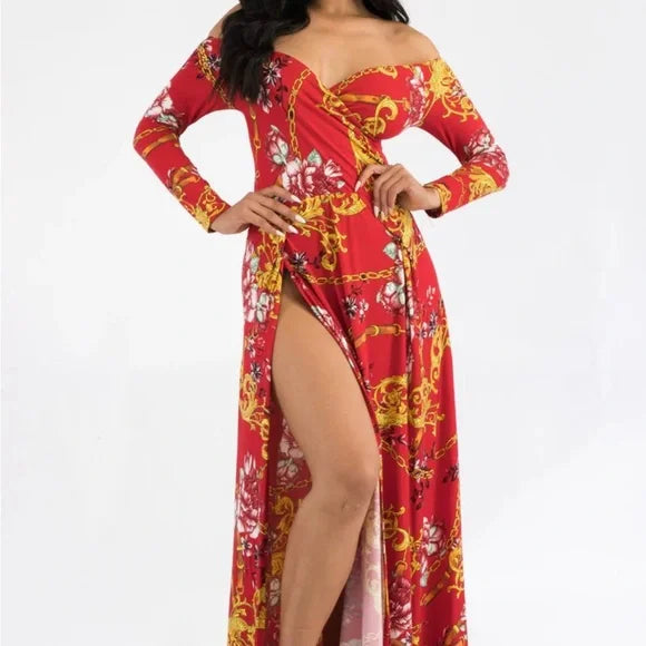 Elegant Red Floral Off-Shoulder Dress