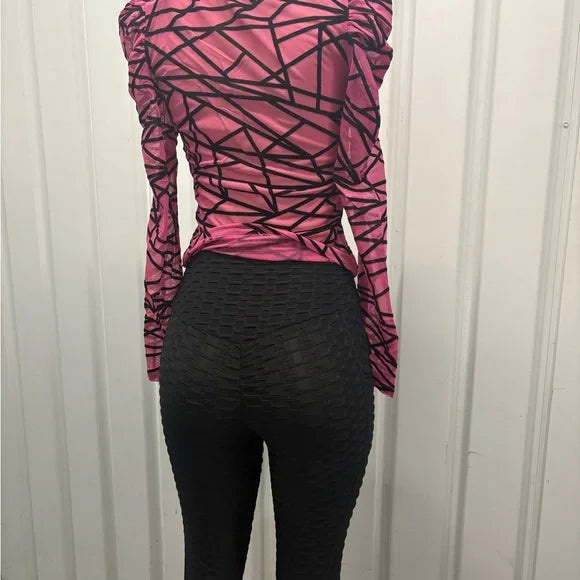 Pink Geometric Long Sleeve Top and Black Textured Leggings