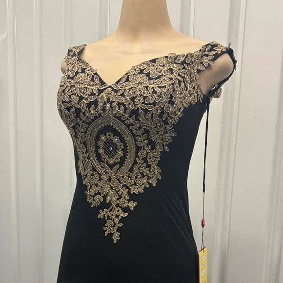 Black and Gold Embroidered Evening Gown