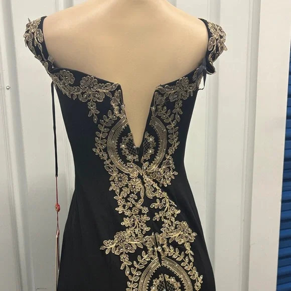 Black and Gold Embroidered Evening Gown