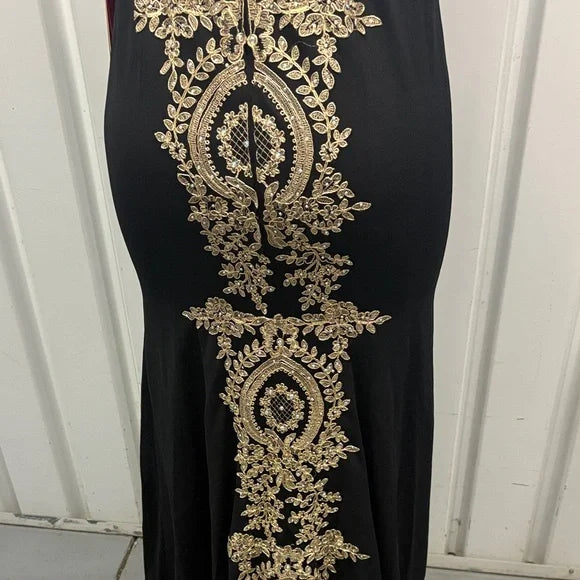 Black and Gold Embroidered Evening Gown