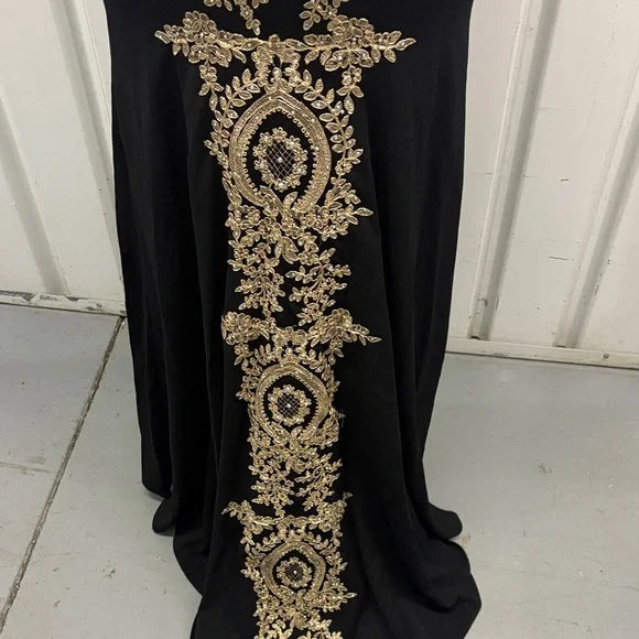 Black and Gold Embroidered Evening Gown