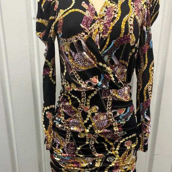 Elegant Black and Gold Chain Print Dress