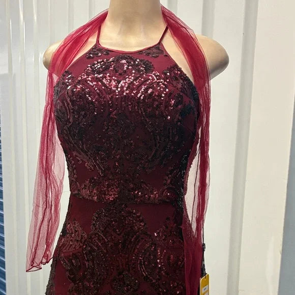 May Queen Burgundy Sequin Halter Dress