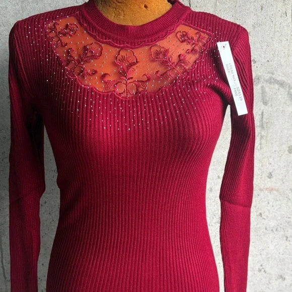 Chic Burgundy Lace Women's Long Sleeve Top