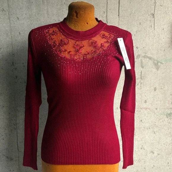 Chic Burgundy Lace Women's Long Sleeve Top