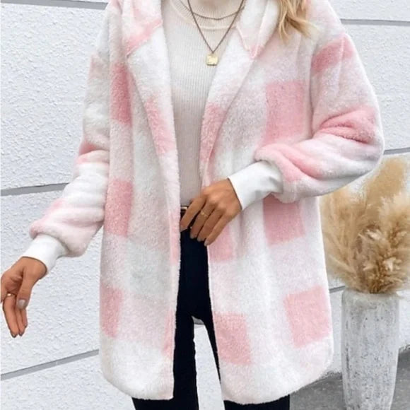Pink and White Checkered Fleece Jacket