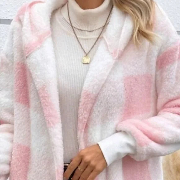 Pink and White Checkered Fleece Jacket