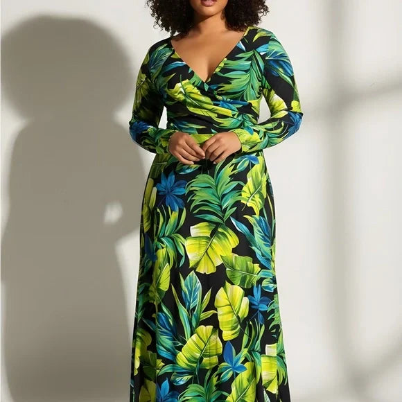 Tropical Leaf Print Maxi Dress va va voom unique piece