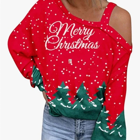 Red Christmas Sweater with Green Tree Design