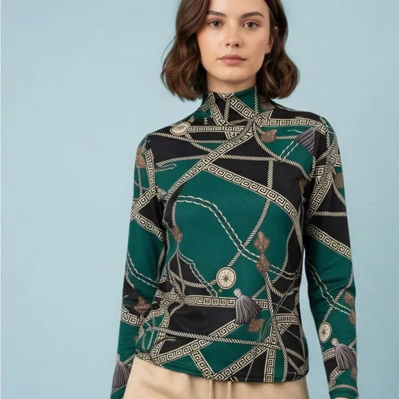 Chic Geometric Print Turtleneck Top