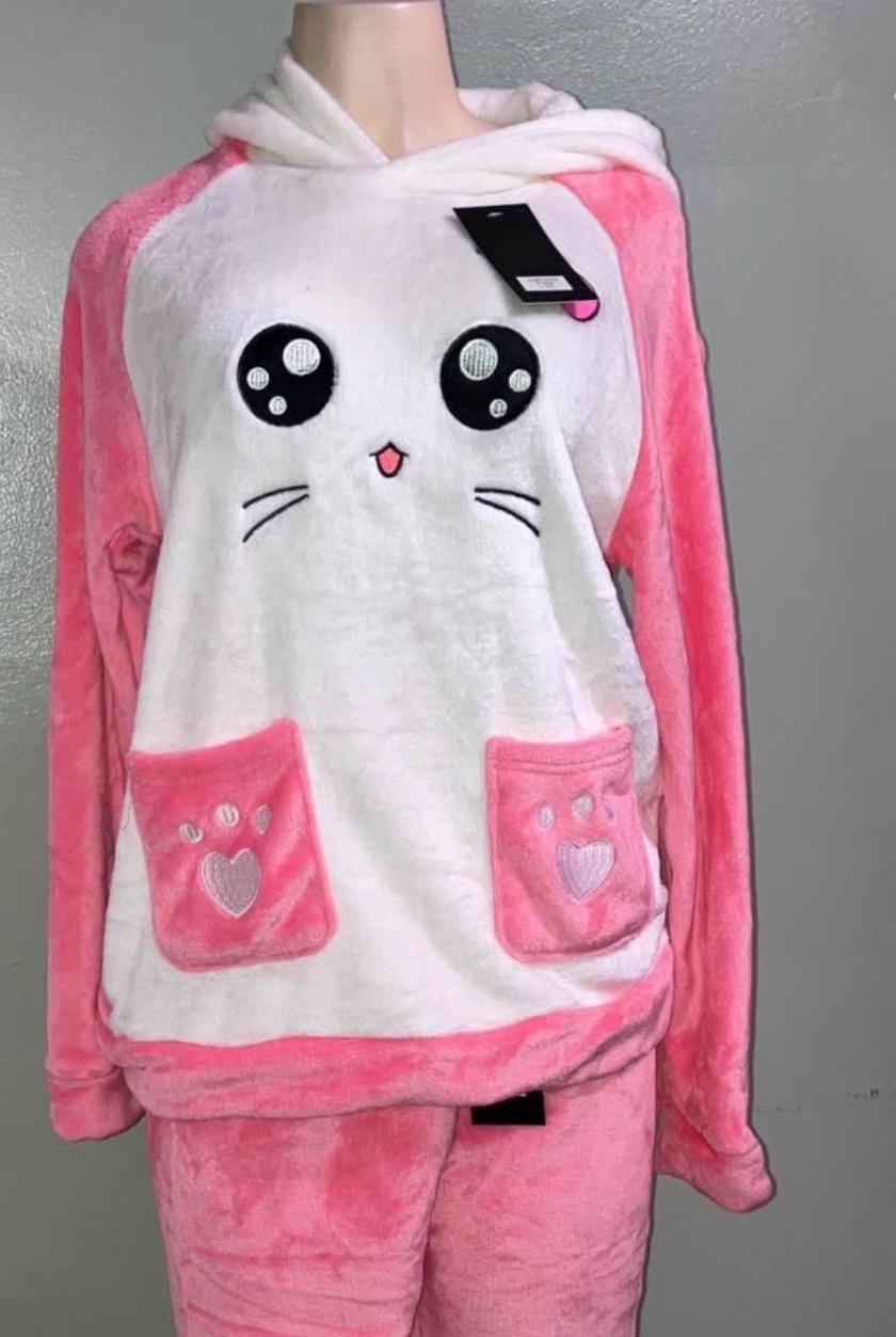 Set de pijama de gato rosa para mujer