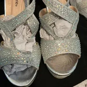 Bella Marie Santo Women's Rhinestone Wedge Sandal Silver Slingback