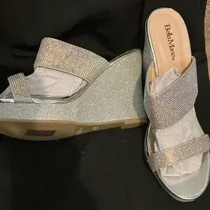 Bella Marie Santo Women's Rhinestone Wedge Sandal Silver and peach