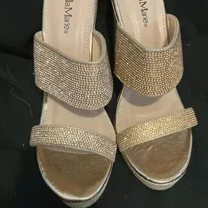 Bella Marie Santo Women's Rhinestone Wedge Sandal Silver and peach