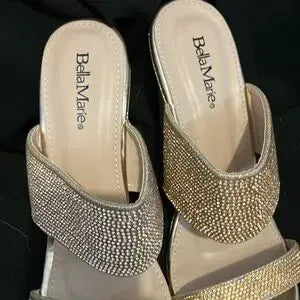 Bella Marie Santo Women's Rhinestone Wedge Sandal Silver and peach