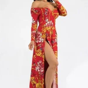 Elegant Red Floral Off-Shoulder Dress