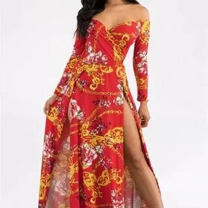 Elegant Red Floral Off-Shoulder Dress