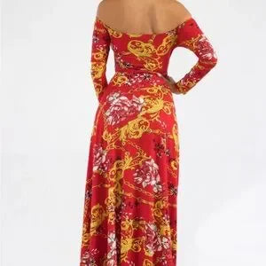 Elegant Red Floral Off-Shoulder Dress