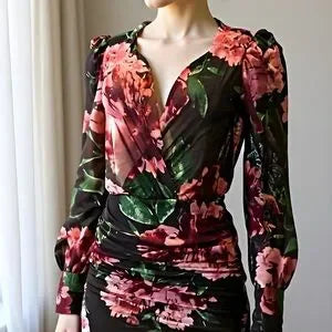 Floral Wrap Dress with Puff Sleeves