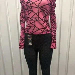 Pink Geometric Long Sleeve Top and Black Textured Leggings