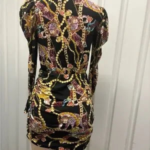 Elegant Black and Gold Chain Print Dress